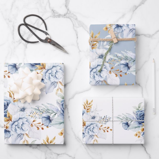 Dusty Blue White Blue Gold Floral Wedding Wrapping Paper Sheets (Front)