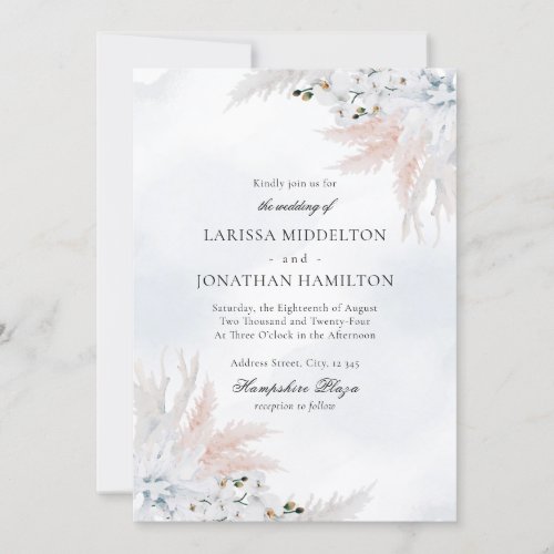 Dusty Blue  White Blush Floral Beach Wedding Invitation