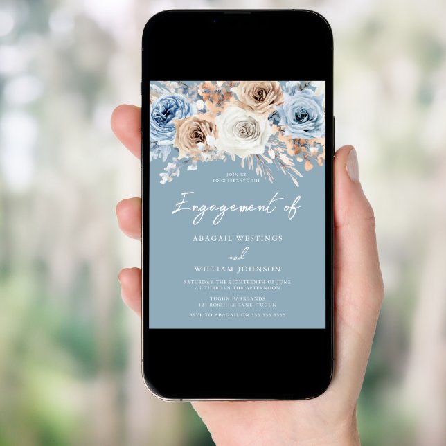 Dusty Blue White Bohemian Floral Engagement Party Invitation (Front Digital)