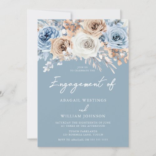 Dusty Blue White Bohemian Floral Engagement Party Invitation