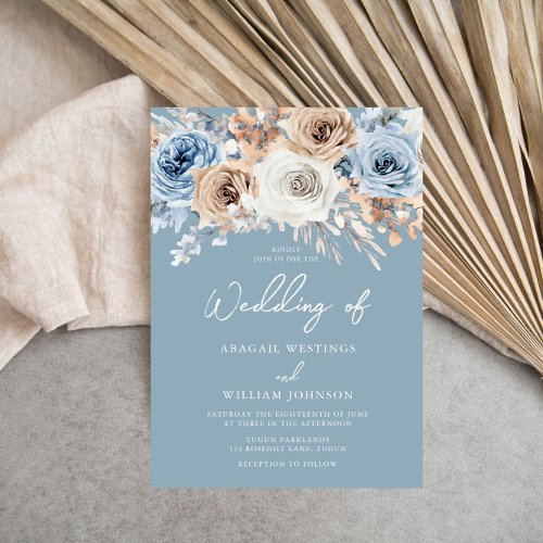 Dusty Blue White Bohemian Floral Modern Wedding Invitation