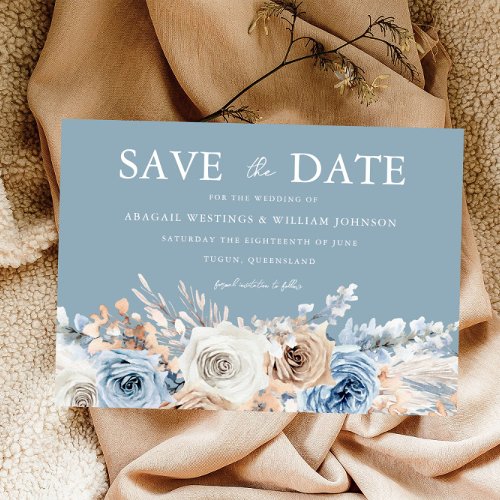 Dusty Blue  White Bohemian Floral Modern Wedding Save The Date