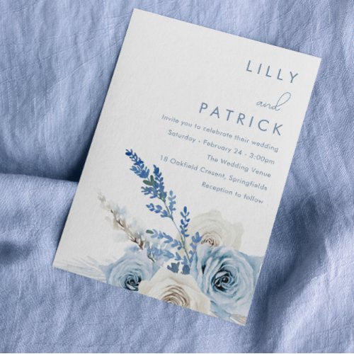 Dusty Blue  White Boho Floral Watercolor Wedding Invitation