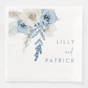Dusty Blue & White Boho Floral Wedding Engagement Paper Dinner Napkins