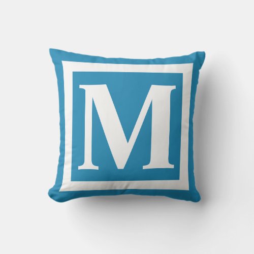 Dusty Blue White Bold Monogram  Outdoor Pillow