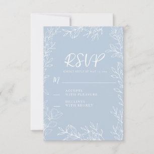 Dusty Blue White Botanical Leaves Wedding RSVP Card