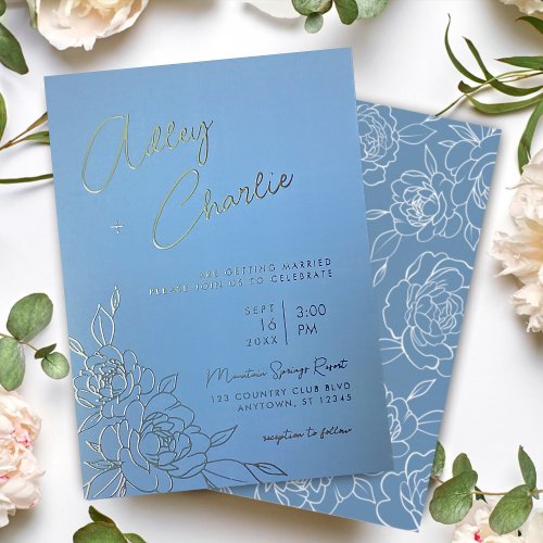 Dusty Blue  White Botanical Line Drawing Wedding Foil Invitation