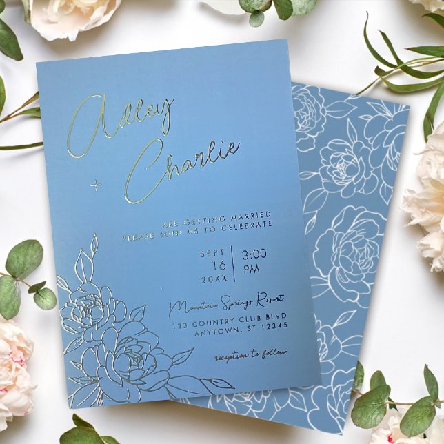Dusty Blue & White Botanical Line Drawing Wedding Foil Invitation (Creator Uploaded)