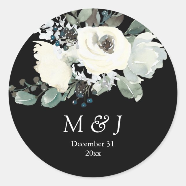 Dusty Blue & White Botanical Monogram- Black Classic Round Sticker (Front)