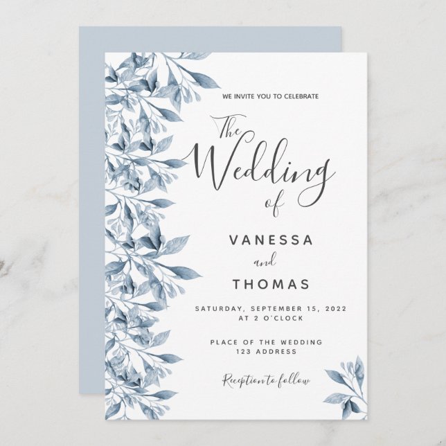 Dusty blue white botanical script wedding invitation (Front/Back)