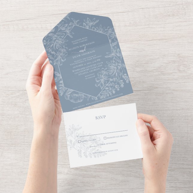 Dusty Blue White Botanical Wedding All In One Invitation (Tearaway)