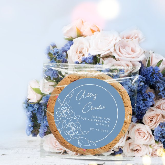 Dusty Blue White Botanical Wedding Favor Thank You Classic Round Sticker (Creator Uploaded)