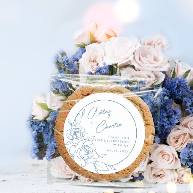 Dusty Blue White Botanical Wedding Favor Thank You Classic Round Sticker (Creator Uploaded)