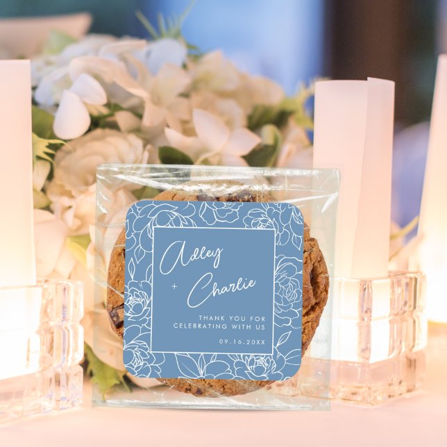 Dusty Blue White Botanical Wedding Favor Thank You Square Sticker (Creator Uploaded)