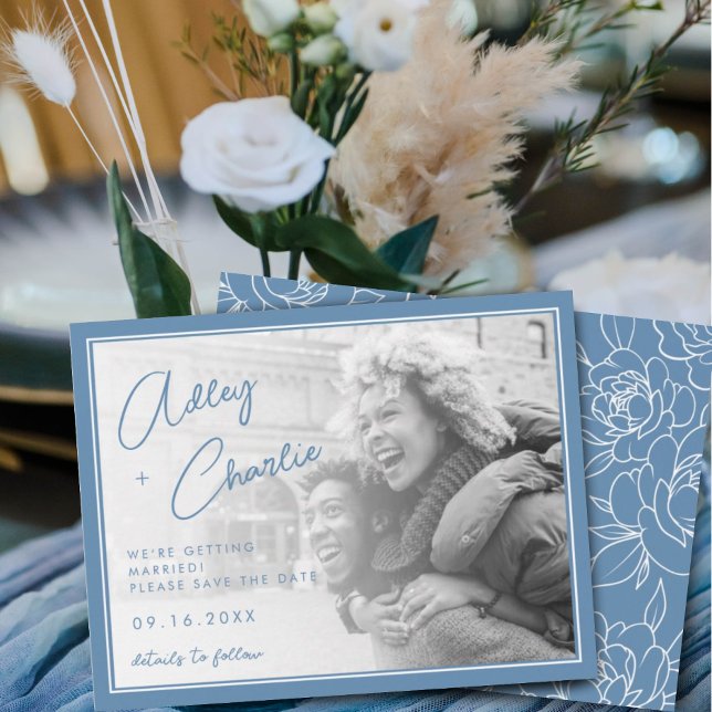 Dusty Blue & White Botanical Wedding Save the Date (Creator Uploaded)