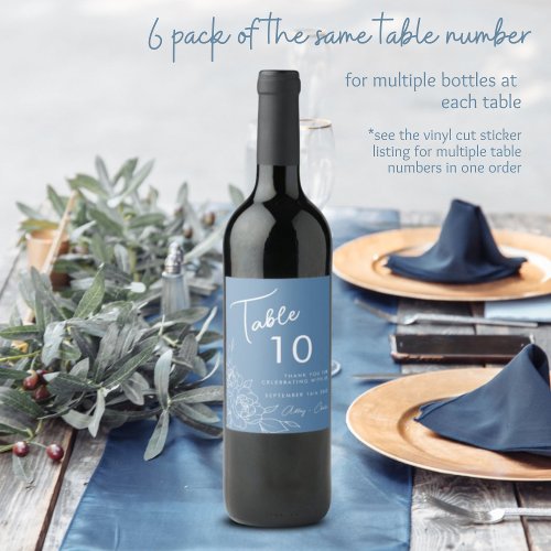 Dusty Blue  White Botanical Wedding Table Number Wine Label