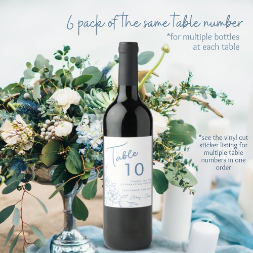 Dusty Blue  White Botanical Wedding Table Number Wine Label