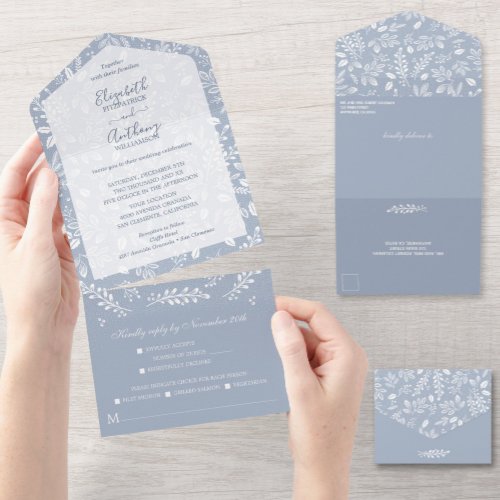 Dusty Blue White Botanicals No Envelopes Wedding All In One Invitation