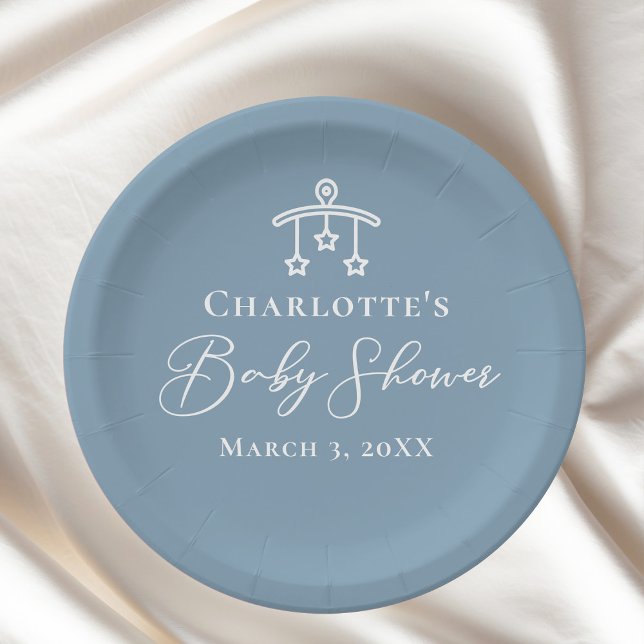 Dusty Blue White Chic Minimalist Baby Shower Paper Plates (Creator Uploaded)