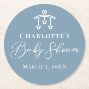 Dusty Blue White Chic Minimalist Baby Shower Round Paper Coaster