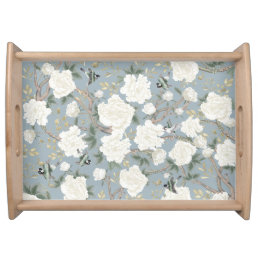 Dusty Blue White Chinoiserie Floral Birds Garden Serving Tray