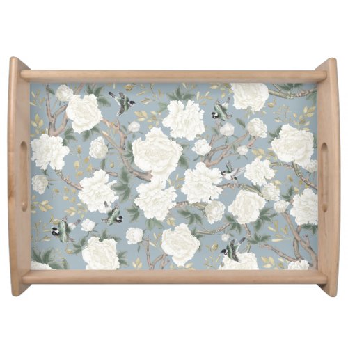 Dusty Blue White Chinoiserie Floral Birds Garden Serving Tray