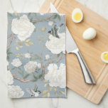 Dusty Blue White Chinoiserie Floral Porcelain Kitchen Towel<br><div class="desc">Beautiful chinoiserie-inspired design featuring soft ivory white peony flowers and elegant birds set against a luxurious dusty blue background</div>