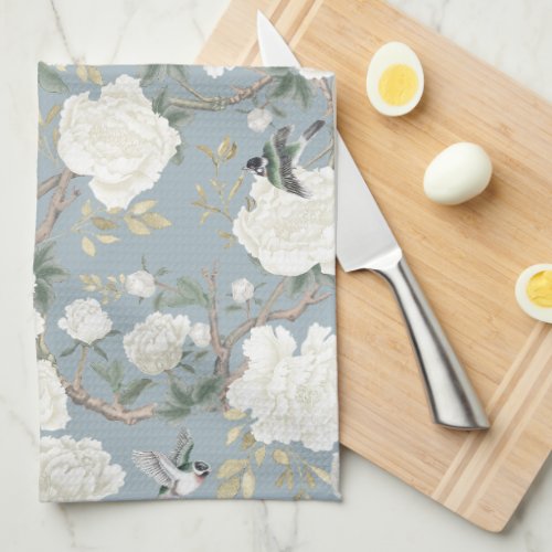 Dusty Blue White Chinoiserie Floral Porcelain Kitchen Towel