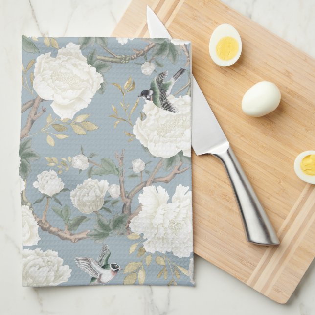 Dusty Blue White Chinoiserie Floral Porcelain Kitchen Towel (Quarter Fold)