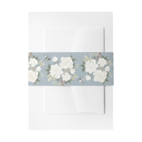 Dusty Blue White Chinoiserie Floral Wedding Invitation Belly Band