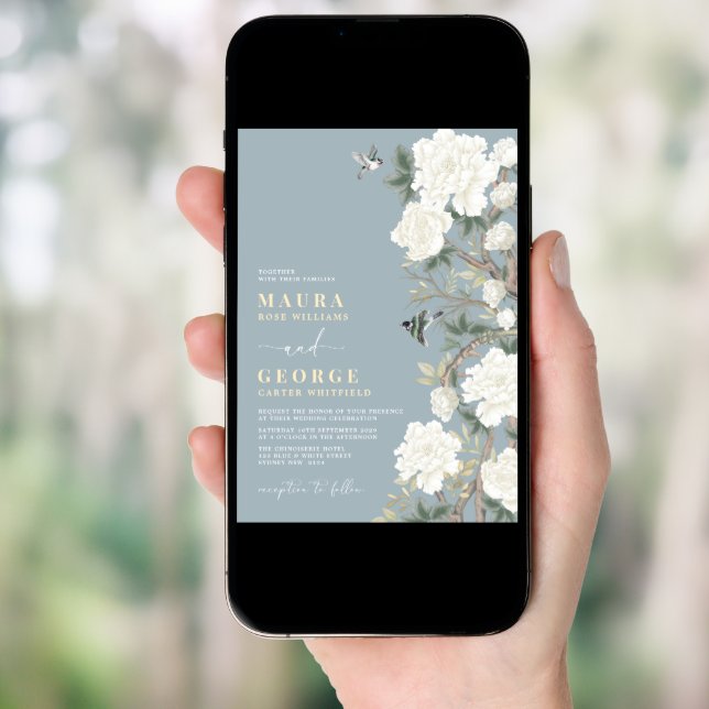 Dusty Blue White Chinoiserie Flower Garden Wedding Invitation (Front Digital)