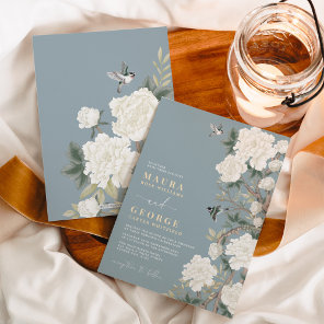 Dusty Blue White Chinoiserie Flower Garden Wedding Invitation