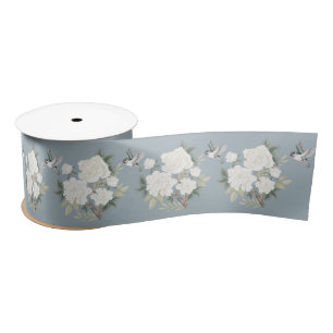 Dusty Blue White Chinoiserie Porcelain Floral Bird Satin Ribbon