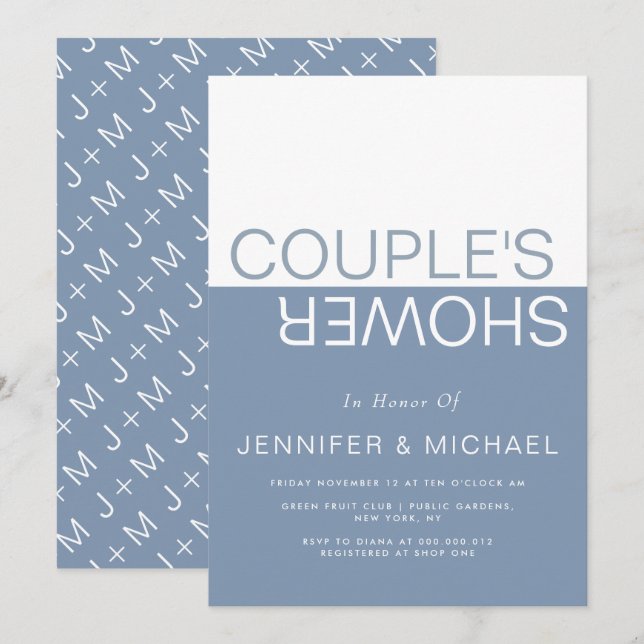 Dusty blue white colorblock couples wedding shower invitation (Front/Back)