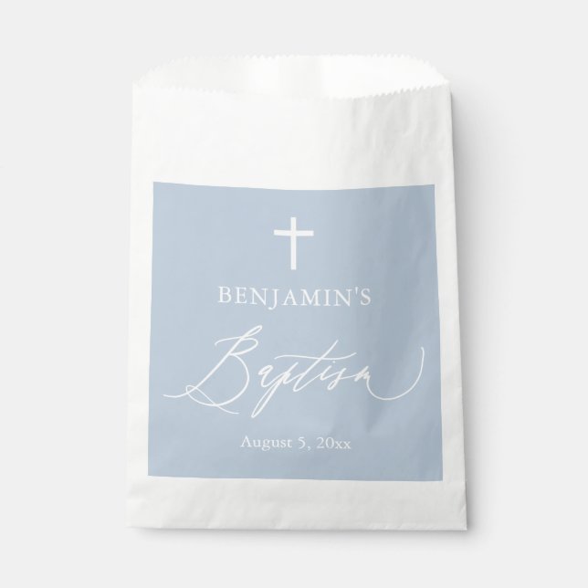 Dusty Blue White Cross Boy Baptism Favor Bags (Front)