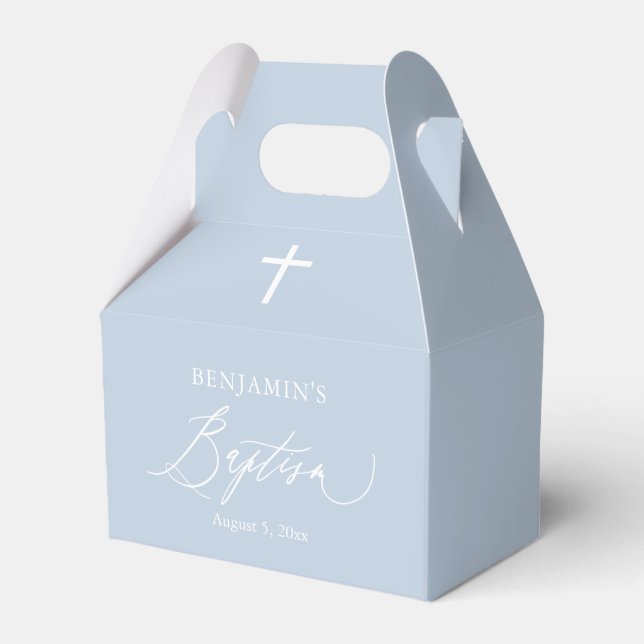 Dusty Blue White Cross Boy Baptism Favor Box (Front Side)