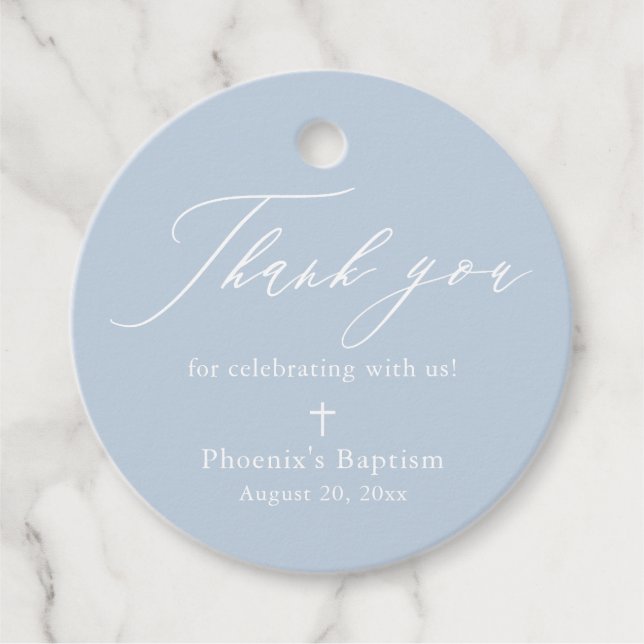 Dusty Blue White Cross Boy Baptism Favor Tags (Front)
