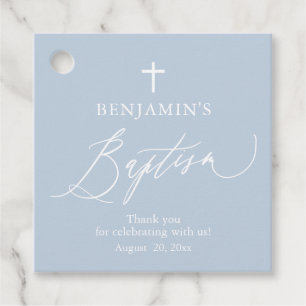 Dusty Blue White Cross Boy Baptism Favor Tags