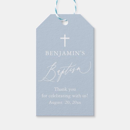 Dusty Blue White Cross Boy Baptism Favor Tags