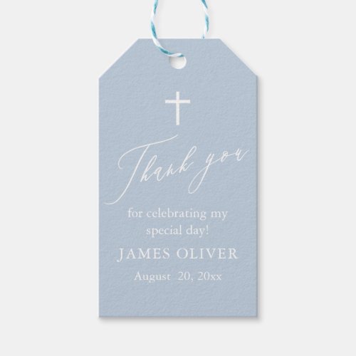Dusty Blue White Cross Boy Baptism Gift Tags