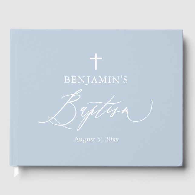Dusty Blue White Cross Boy Baptism Guest Book (Front)