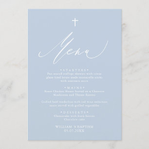 Dusty Blue White Cross Boy Baptism Menu Card