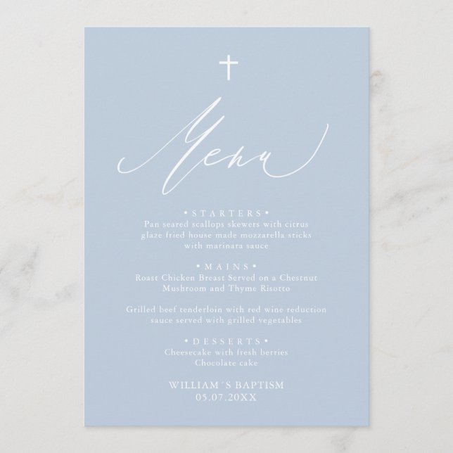 Dusty Blue White Cross Boy Baptism Menu Card (Front)