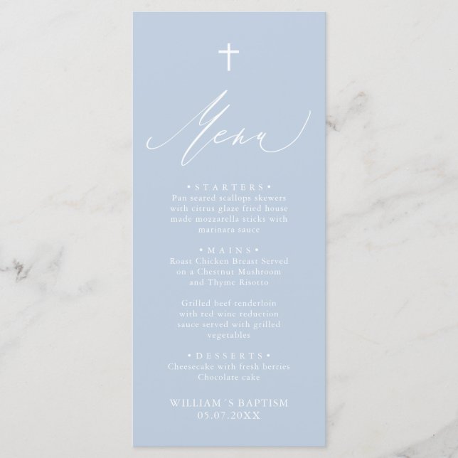 Dusty Blue White Cross Boy Baptism Menu Card (Front)