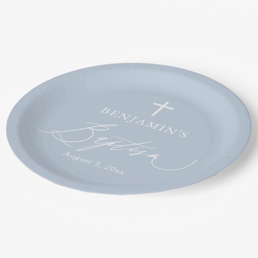Dusty Blue White Cross Boy Baptism Party Plates Zazzle