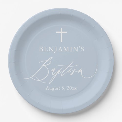 Dusty Blue White Cross Boy Baptism Party Plates