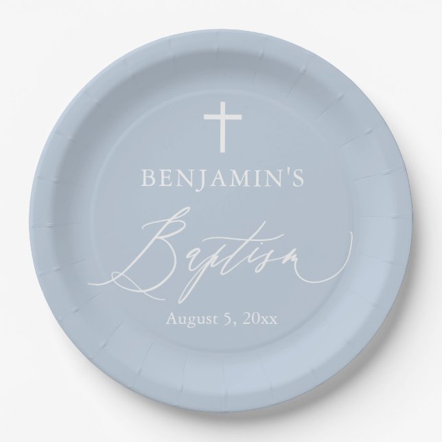 Dusty Blue White Cross Boy Baptism Party Plates (Front)