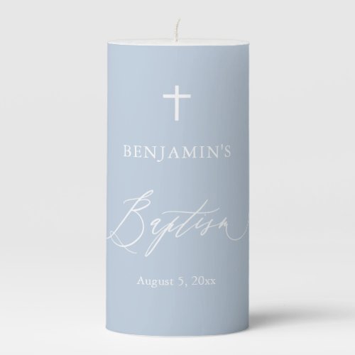 Dusty Blue White Cross Boy Baptism Pillar Candle