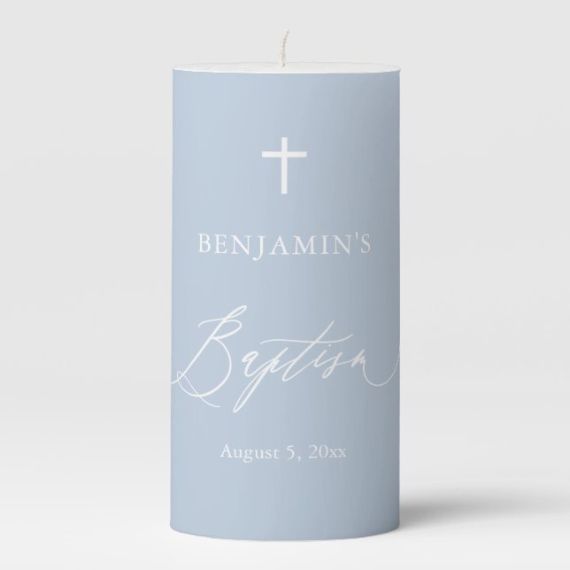 Dusty Blue White Cross Boy Baptism Pillar Candle (Front)