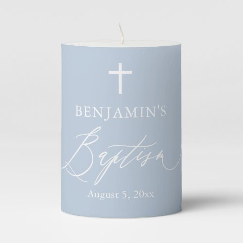 Dusty Blue White Cross Boy Baptism Pillar Candle